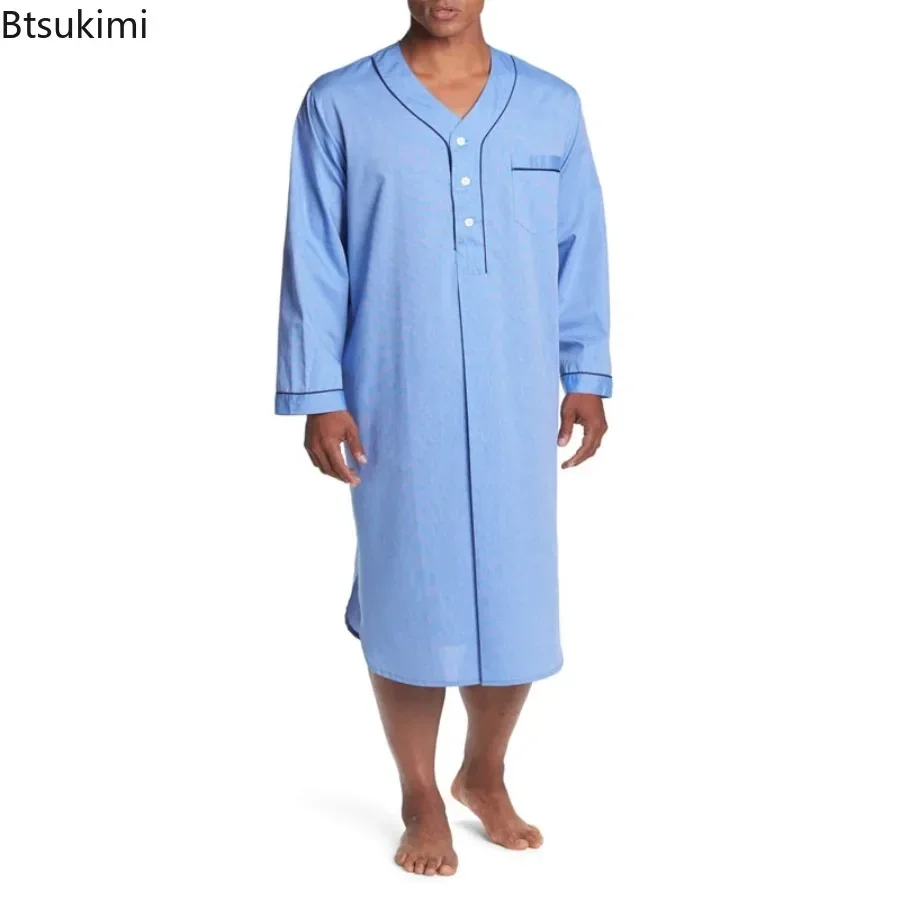 New Men Night Robe Loose V-neck Long Sleeve Nightgown Solid Cotton Comfort Tops Casual Homewear Muslim Men Clothing Jubba Thobe