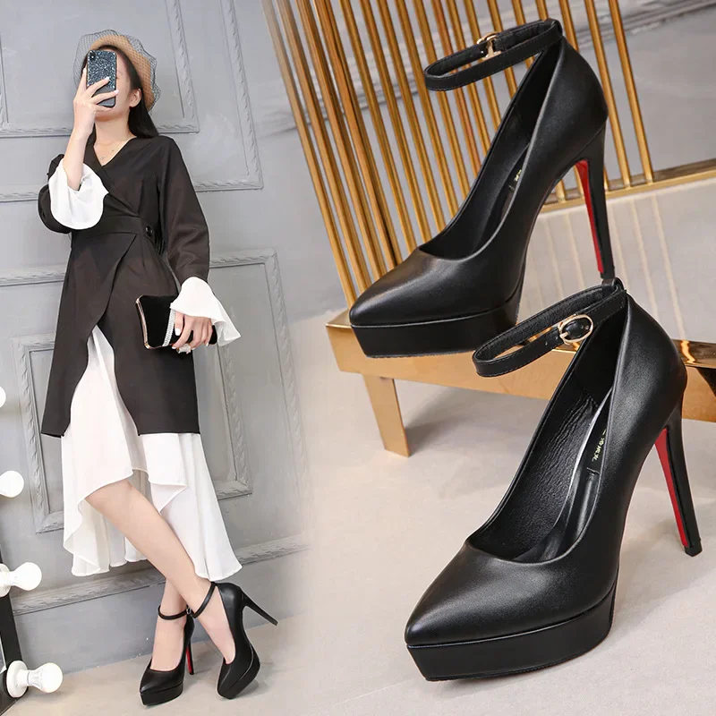 Fashion One Word Buckle Pointed Toe High Heels 12cm Sexy Platform Thin Heels Lady Party Pumps Career Work Shoe Small Size 32 33