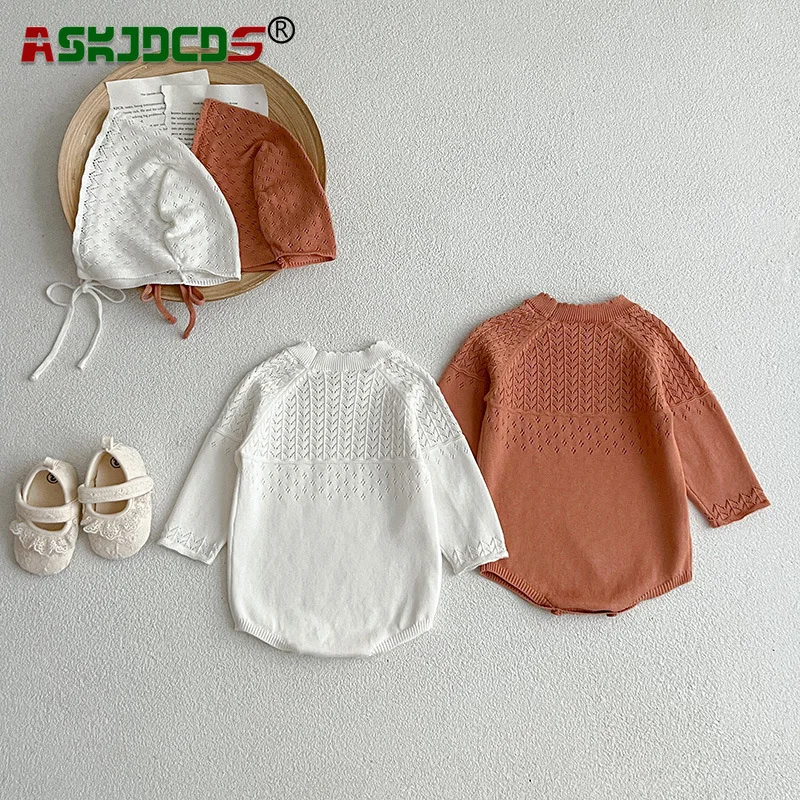 2023 Autumn Spring Kids Bodysuits Gift Hat 0-24M Newborn Baby Girls Full Sleeve Knitted One-piece Hollow-out Overalls Infant