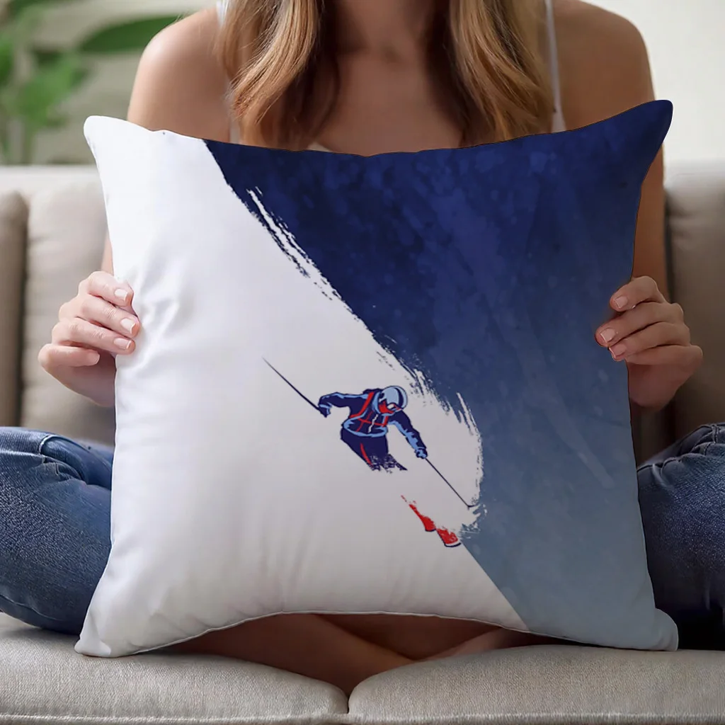 1pc Retro Ski Print Throw Pillow Cover Double Sided Zipper Polyester 16x16 18x18 20x20 Inch Sofa Bed Winter Decor