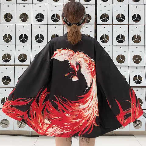 Chinese Style Retro New Chinese Style Phoenix Print Kimono Cardigan Summer Yukata Nightgown Beach Vacation Cover-Up Sun Protection Clothing