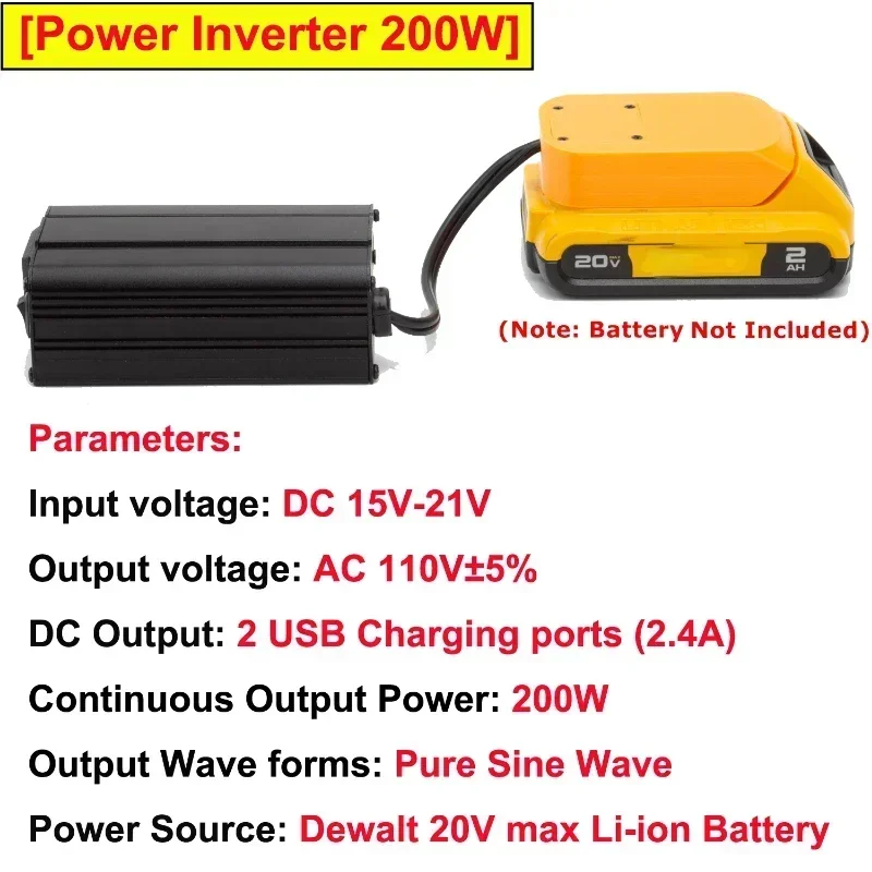 Imagem -04 - Inversor de Alimentação Portátil 200w Compatível com a Bateria Dewalt 20v li Potência sem Fio Confiável dc 20v e Carregamento Rápido