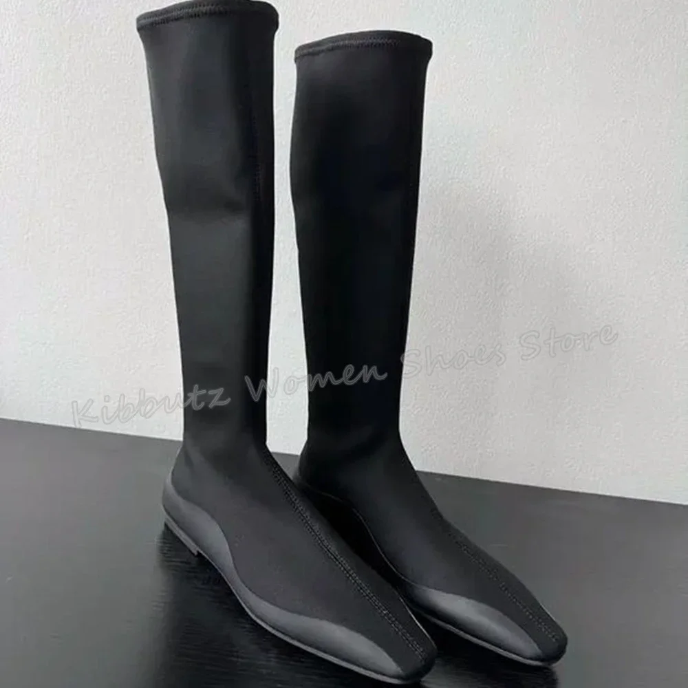 

Suede Knee High Sock Boots Square Toe Chunky Heels Solid Color Slip-On Fashion Concise Sexy Novelty Party Dress Women Shoes New