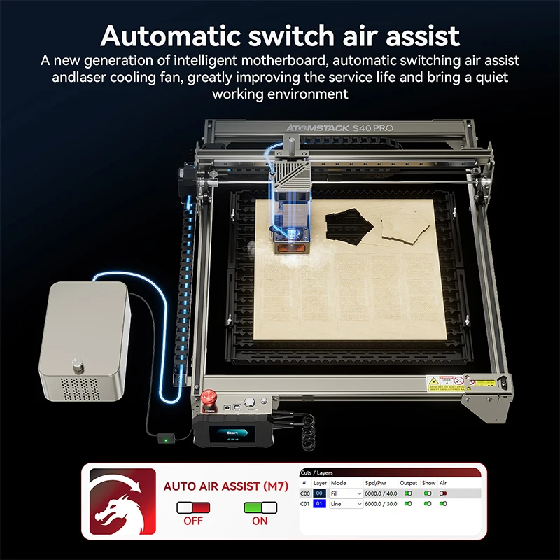 Imagem -04 - Atomstack Laser Gravação Máquina de Corte Air Assist Cnc Router Máquinas Ajuste de Potência A40 S40 X40 Pro Max 210w