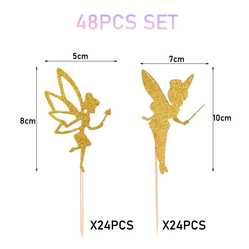 48/24Pcs Gold Giitter Fairy Cupcake Toppers Tinkerbell Cupcake Picks Fairy Themed Party Supplies Cake Decorating Baby Shower