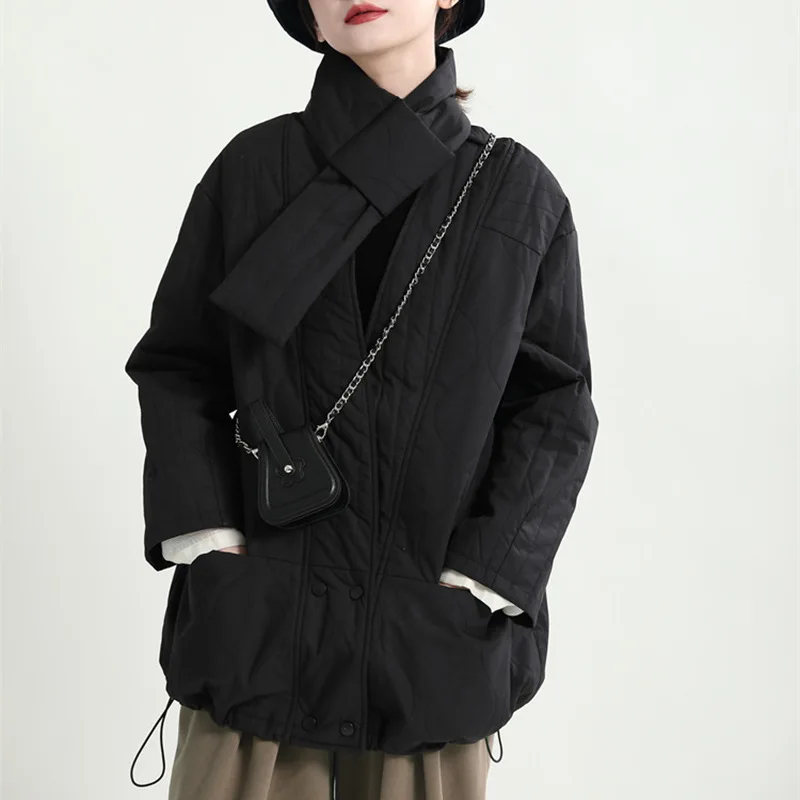 Winter fashion design diagonal buckle day black short cotton suit loose and thin coat women