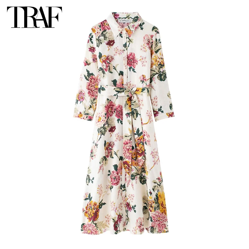 

TRAF 2024 Floral Shirt Dress Women Summer Office Midi Dress Woman Long Sleeve Button Womens Dresses Belt Long Dresses for Women