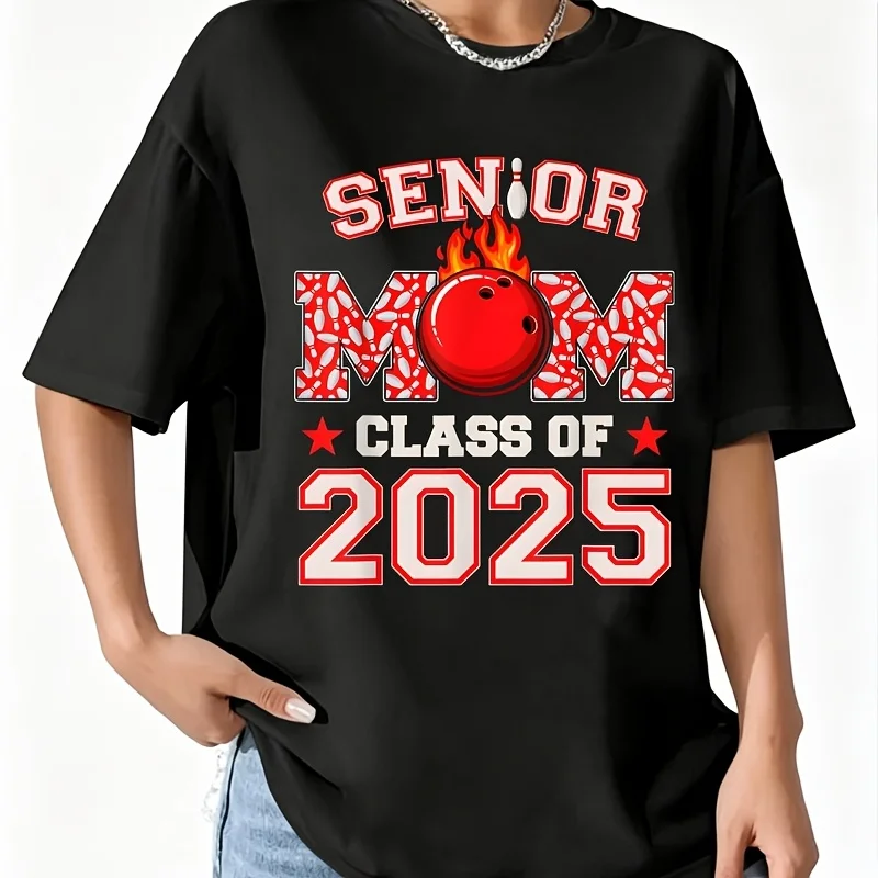 Senior Mom Bowling Class of 2025 Graduating Women's 100% Cotton T-Shirt Fun Print Short Sleeve Top Casual Round Neck Tee S-5Xl