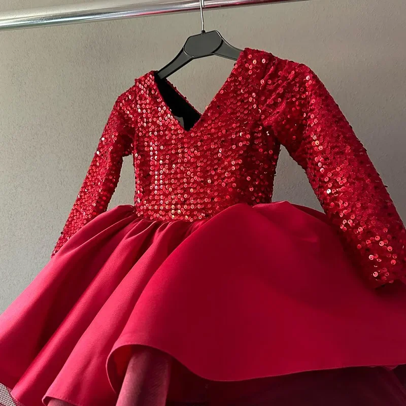 2024 vestito da spettacolo per ragazze natale lussuosi vestiti per bambini bambini ragazza paillettes abito da ballo rosso bambini eleganti vestiti da festa