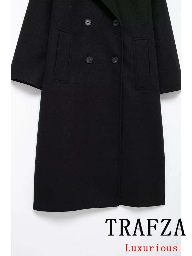 TRAFZA Vintage Chic Solid Women Overcoat Double Breasted Turn-down Collar Oversized Long Jackets Fashion 2024 Autumn Winter Coat