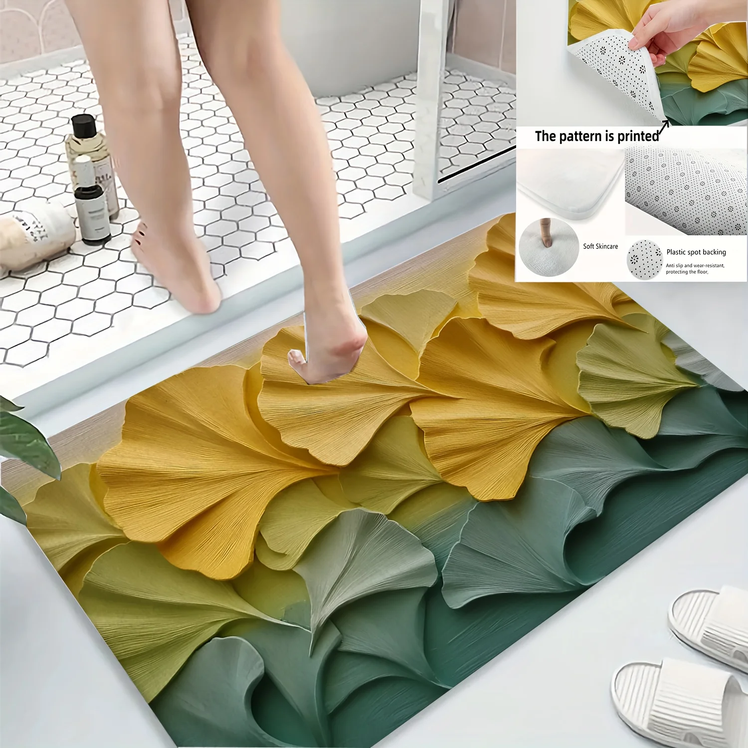 Ginkgo Leaf Printed Flannel Bath Mat With Gradient Yellow Green Design Soft Non Slip Rug For Bathroom Or Home Decor