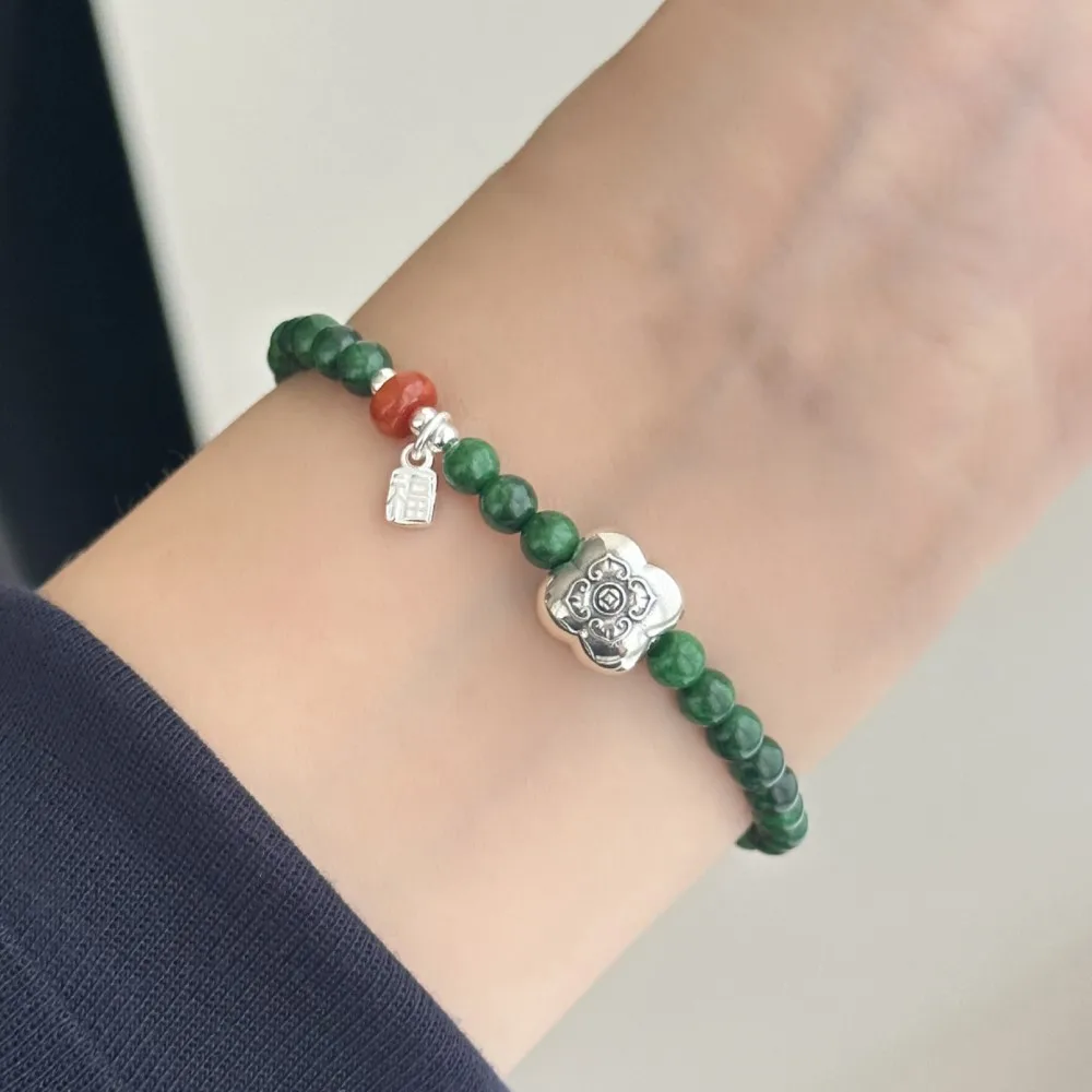 

PANJBJ 925 Sterling Silver Green Hotan Jade Bracelet for Women Persimmon Retro Elastic Rope Ethnic Jewelry Gift Party Wholesale