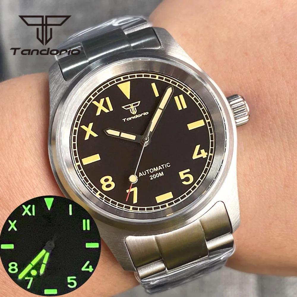 Tandorio 36mm Pilot Stainless Steel 200m Men Dive Luminous Automatic Watch NH35A PT5000 Movement Sapphire Glass Screw Crown