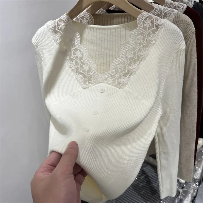 

Knitwears Fashion Long Sleeve Knitted Sweater Women Pullovers Lace V-Neck Knit Sweater Pullover Women Tops Sueter Feminino Q3090