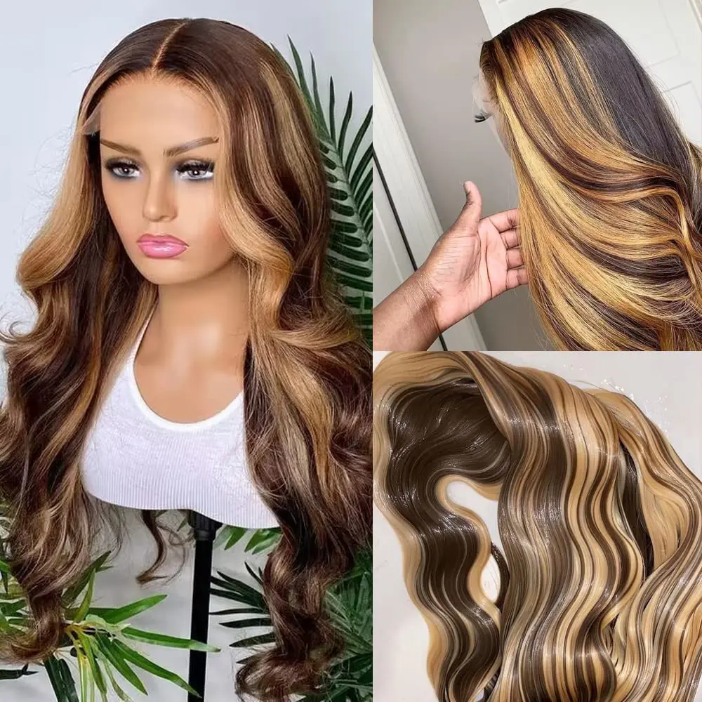 32-calowe Body Wave 13x6 Highlight Ombre Lace Frontal Wigs HD 13x4 180 Density 427 Lace Front Human Hair Wig Brown Brazilian