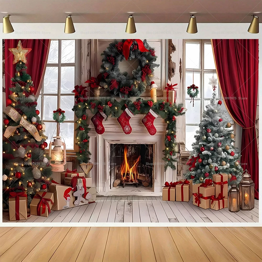 Frohe Weihnachten Kulissen Winter Kamin Dekor Fotografie Hintergrund Kinder Geburtstag Party Baby Dusche Banner Photo Booth Requisiten