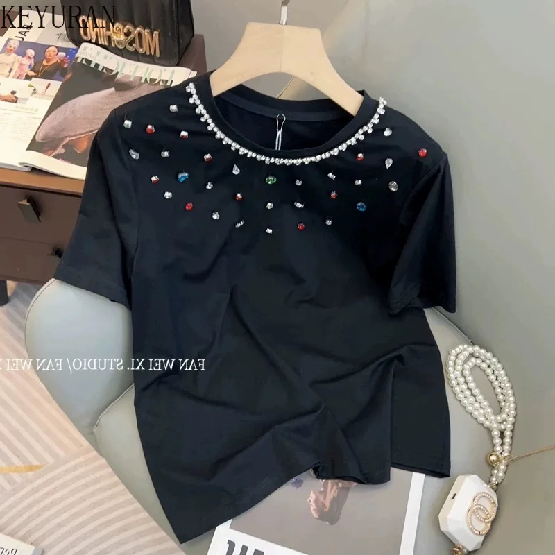 Color Diamond Short Sleeve T-shirt for Women 2024 Summer New Korean O-Neck Versatile Casual Loose Pure Color Cotton Tshirts Tops