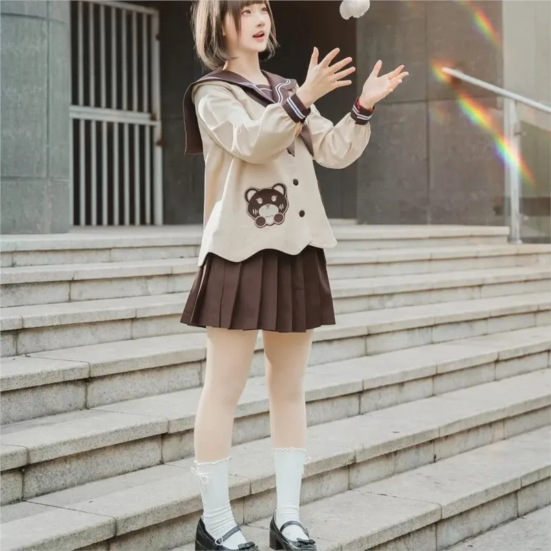 Brown jk uniform Japanese and Korean Pleated skirt set cute bear sailor suit school outfits women's cosplay uniform Costume