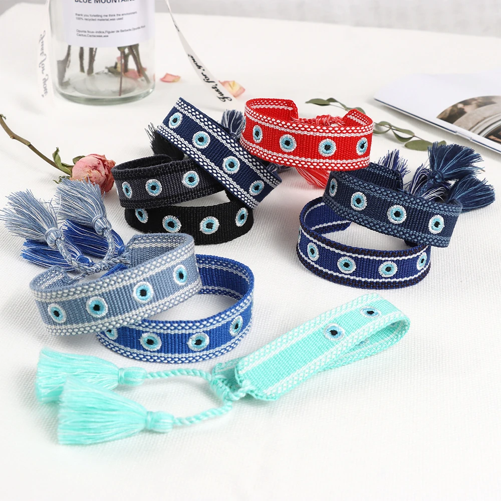 Evil Eyes Woven Bracelets Stackable Wrap Fabric Bracelets