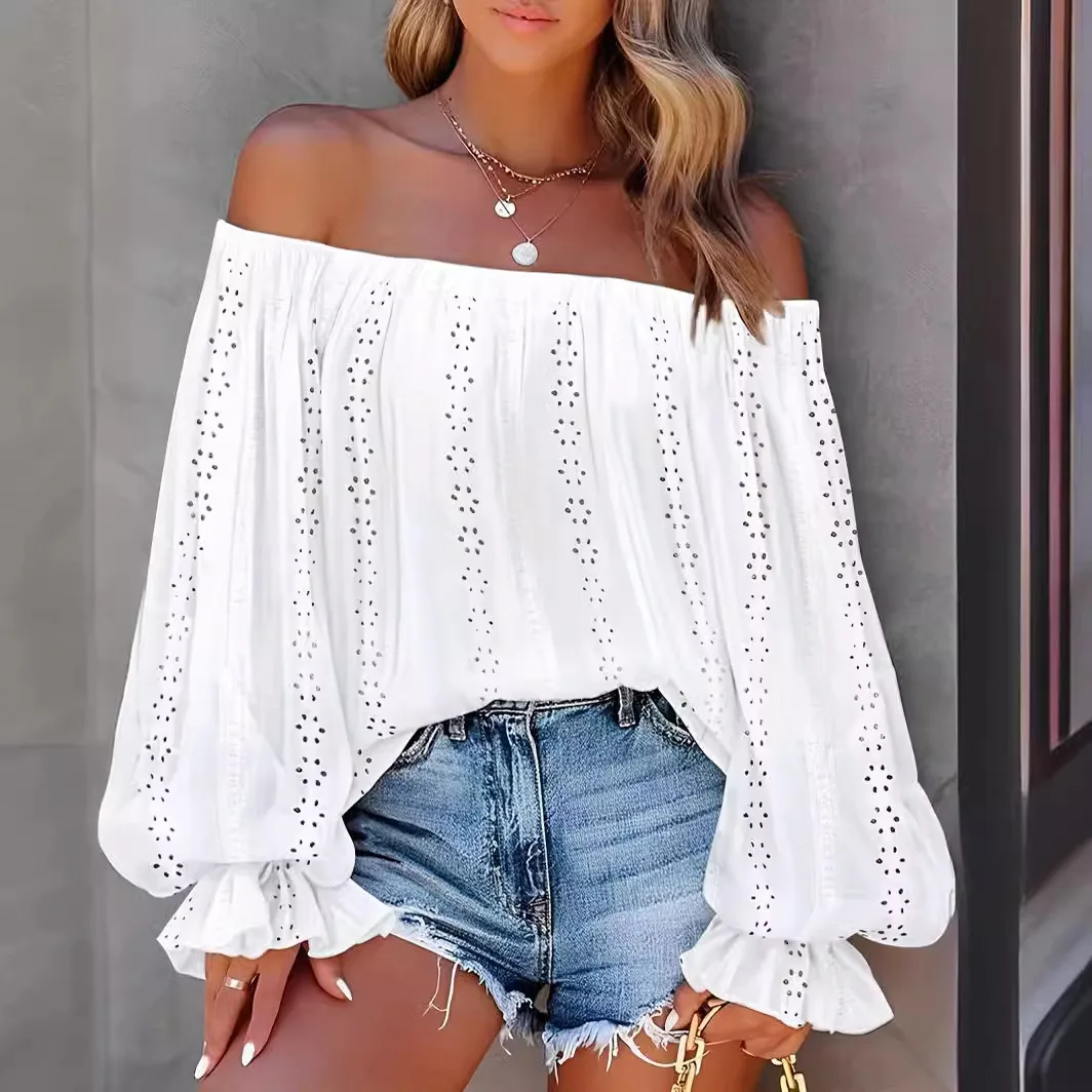 Spring Women's One-line Neck Off-shoulder Chiffon Shirt Lantern Sleeve Hollow Long Sleeve Top Women 2024 Hollow Out Fashion Top