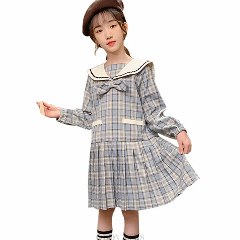 

Preppy Style Child Sailor Collar Dress for Girls Long Sleeve Plaid Dresses with Bow Kids Elegant New Spring Clothing Age 4-13YT