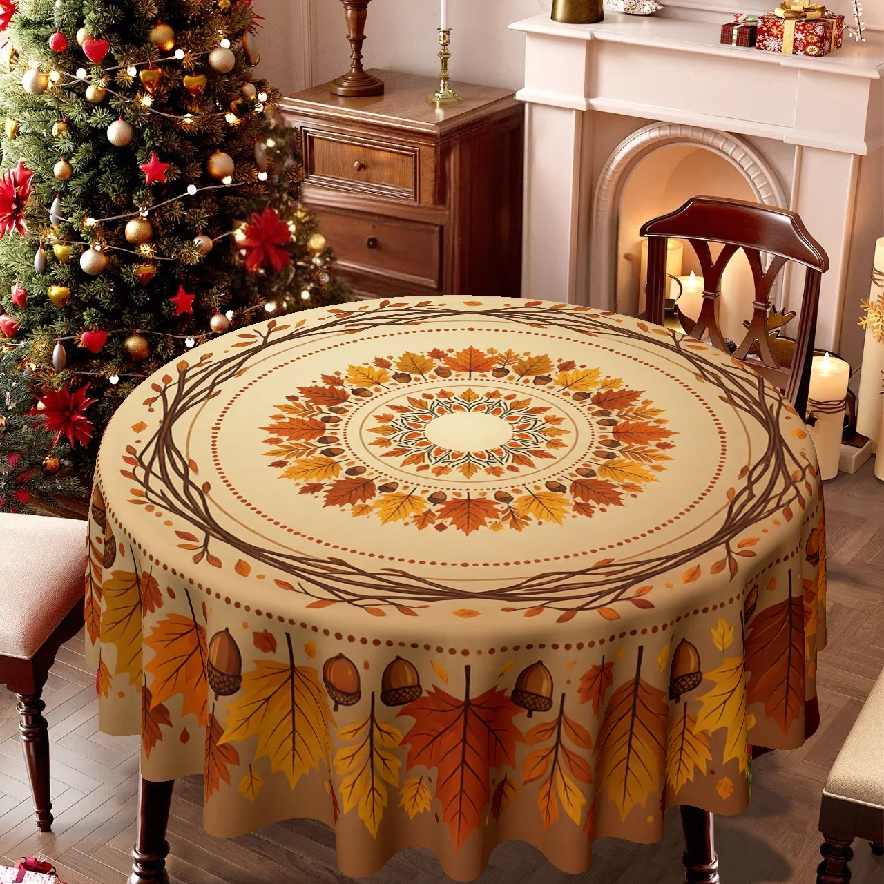 One tablecloth, Thanksgiving theme - Autumn leaves and chestnut round pattern tablecloth, perfect for family dinnerszyc