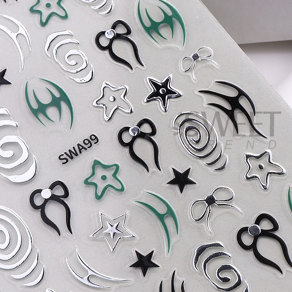 2枚入り メタリックシルバーライン ネイルアートステッカー 3D炎ライン リボン スワール スター Y2K タットン スライダー デカール DIY ホログラフィック マニキュア デコレーション