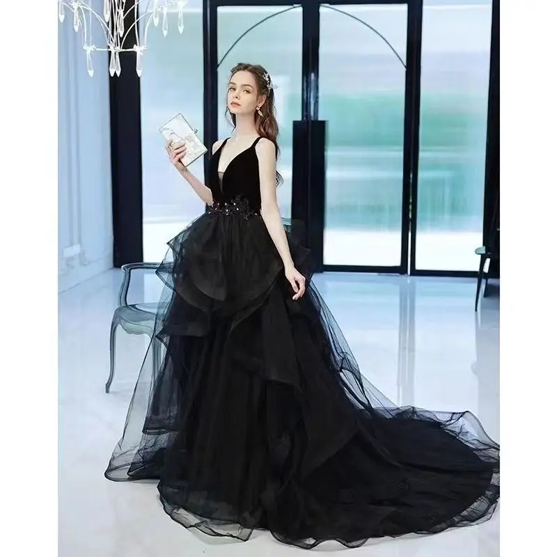 Vestidos de tul de fiesta elegantes para mujer, vestido esponjoso con tirantes finos, vestido de cumpleaños negro, Vestido largo de una pieza