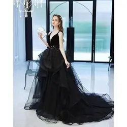 Elegante vestido de tule feminino, alça fofa de espaguete, vestido de aniversário preto longo, vestido feminino de peça única, festa