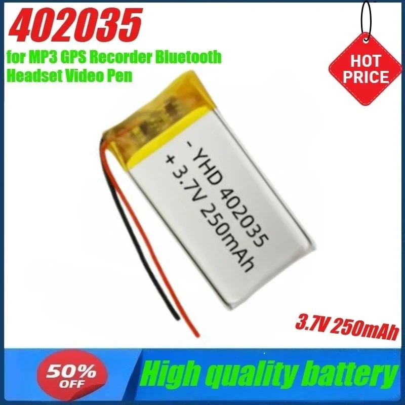 

3.7V 250mAh 402035 Lipo Rechargeable Battery for MP3 GPS Recorder Bluetooth Headset Video Pen
