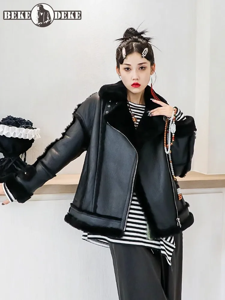 Boyfriend Style Women Loose Fit Motorcycle Genuine Leather Real Fur Jacket Casual Coat Winter Thick Warm Wool Lining Overcoat