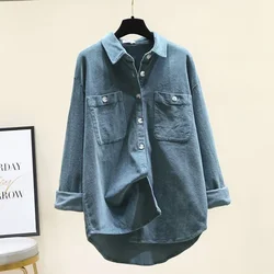 Blue Corduroy Cotton Polo-Neck Single Breasted Long Sleeve Women's Blouse Shirt Casual Female Clothing Tops Fashion 2025 Autumn