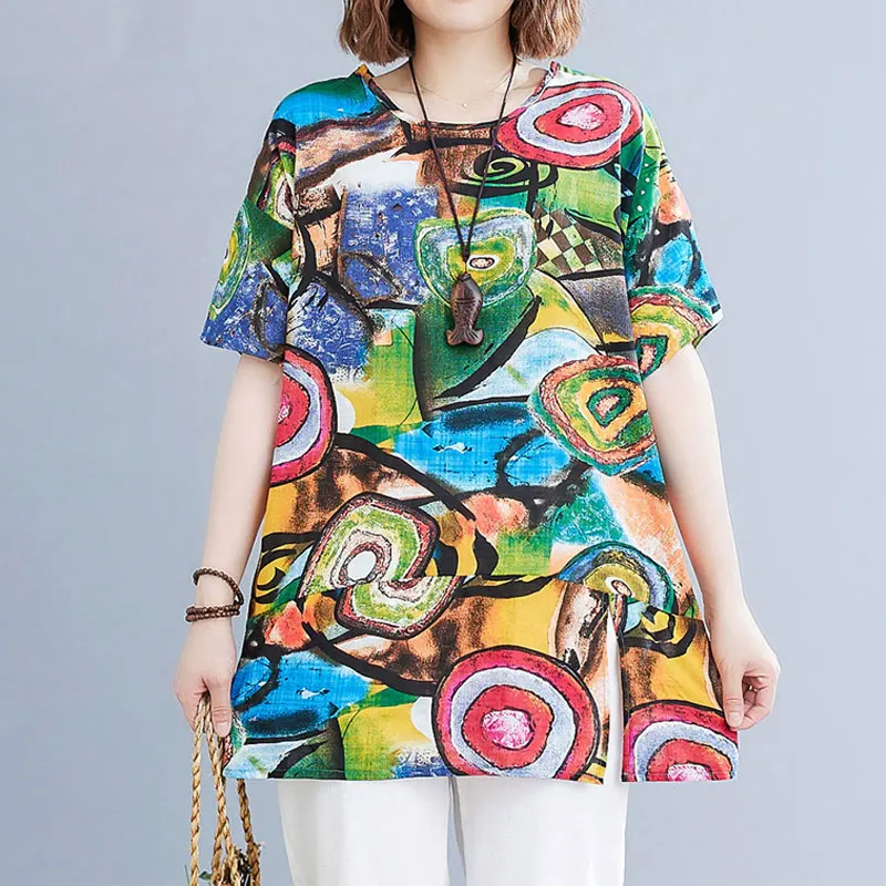 Vintage Hand-Painted Printed Midi Pullovers Casual Spliced Loose Women\'s Clothing Round Neck Summer Stylish Short Sleeve T-shirt