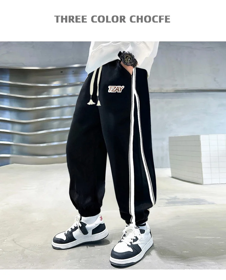 Lose geschnittene Sport-Hosen für Teenager-Jungen mit Seitenstreifen, hochwertige Kinder-Frühlings-Sweathosen, schmal geschnittene Kinderhosen, Größe 5 7 9 13 14 – Detail 5