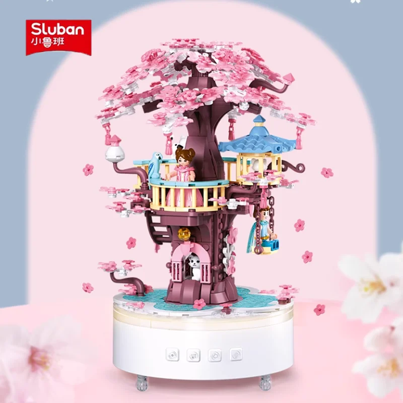 SLUBAN Originality The Wishing Cherry Tree Handmade Puzzle Building Blocks Maiden Heart Music Box High Quality Birthday Gift