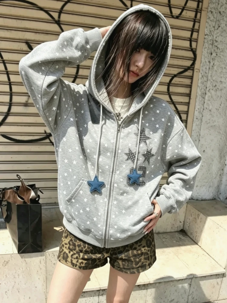 Women Y2K Japanese Subculture Harajuku Hooded Jacket Oversized Long Sleeve Print Sweatshirt Vintage Korean Comfy Casual Tops