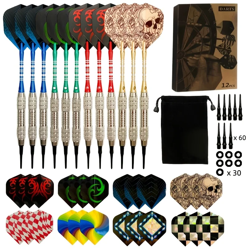 12-teiliges Soft-Tip-Dart-Set, 17-Gramm-Barrel, Schaft aus Aluminiumlegierung, zusätzlich 8 Sätze Dart-Flights, 60 Soft-Tip-Darts, 30 O-Ringe