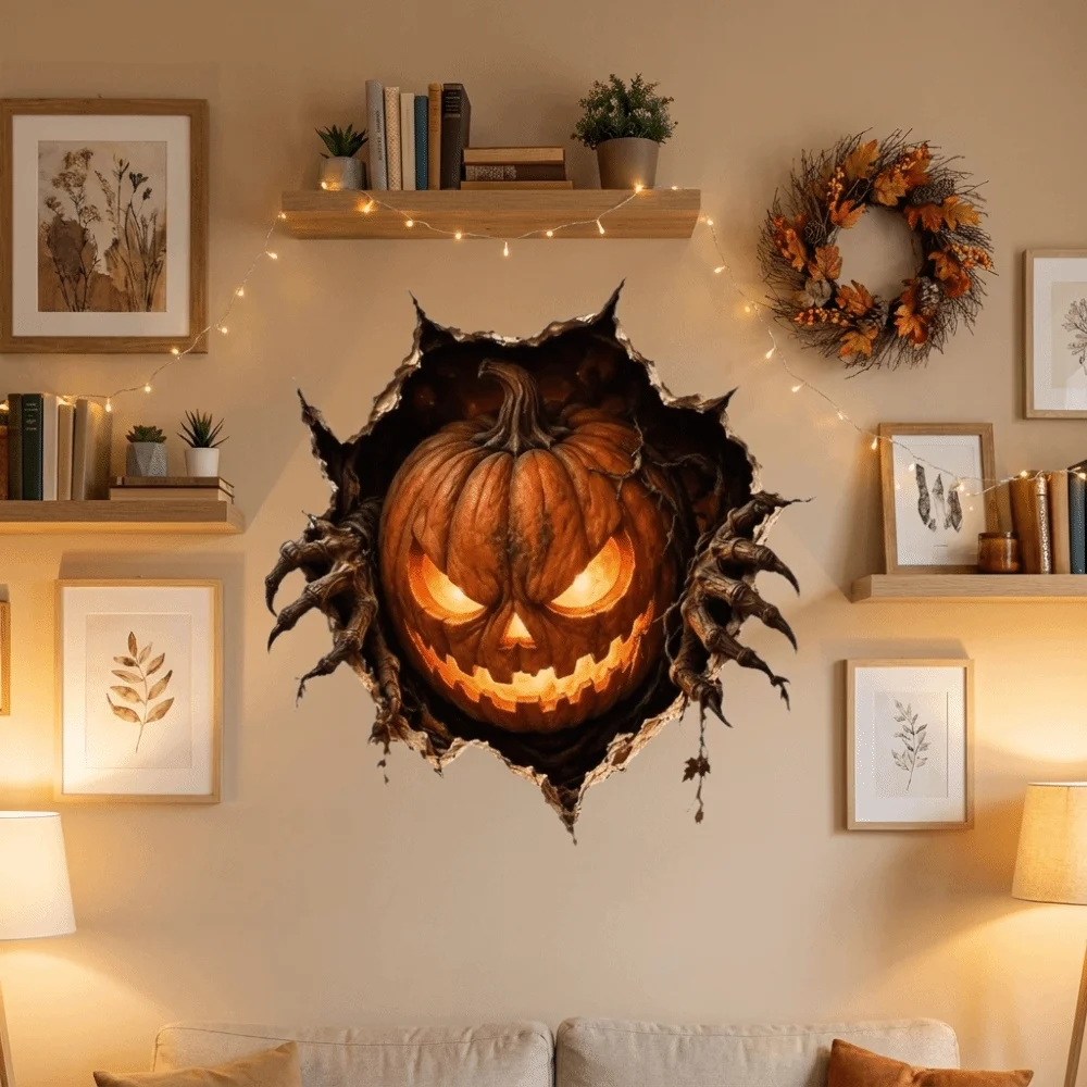 2D Flat Ghost Pumpkin Wall Decal Self-Adhesive Spooky Halloween Skeleton Wall Stickers Realistic Electrostatic