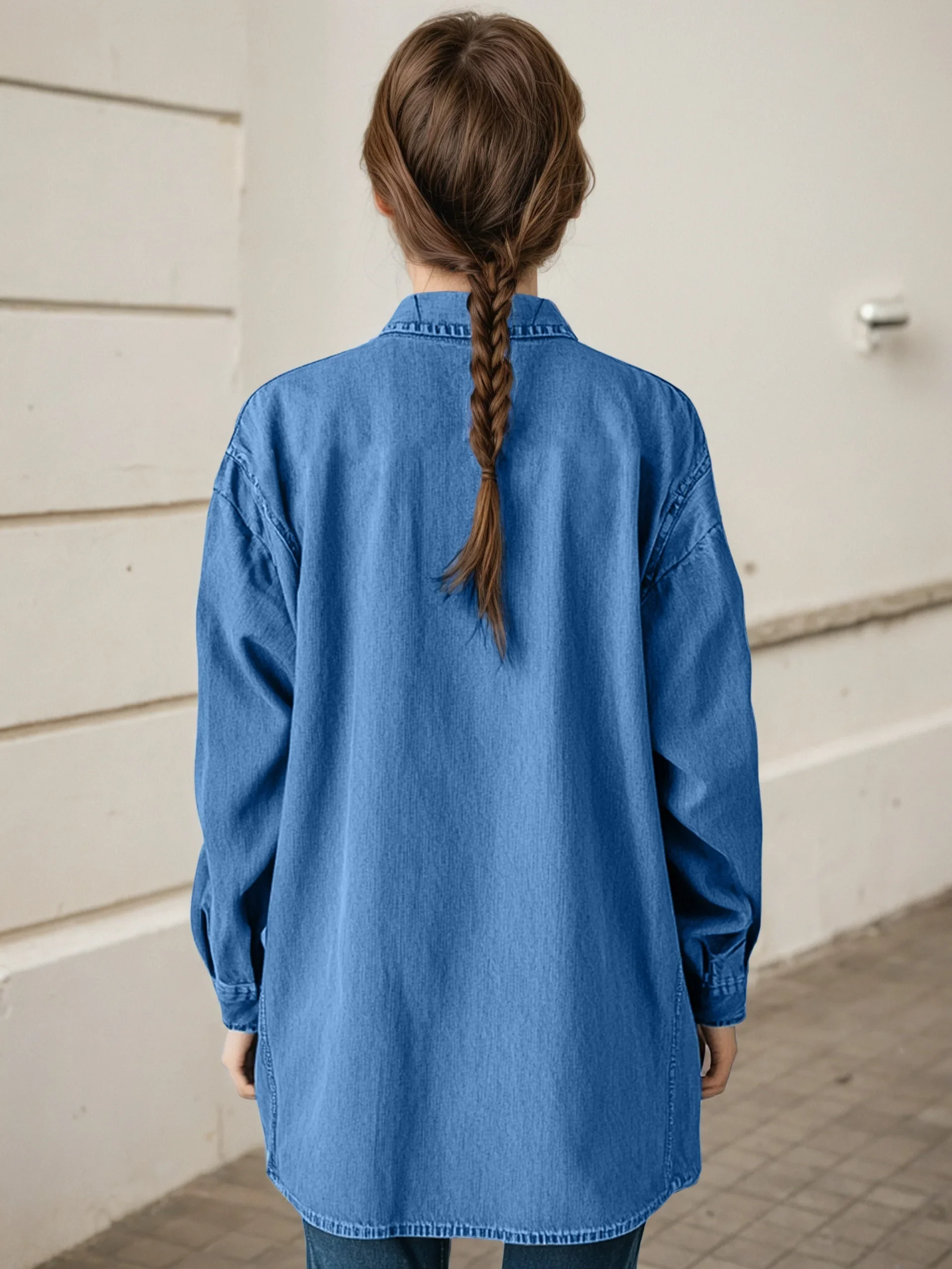 Niebieska koszula retro Dżinsowa koszula dla kobiet Wiosna 2025 Nowy projekt Koszule z długim rękawem Solidna kurtka jeansowa z jednym kołnierzem dla kobiet