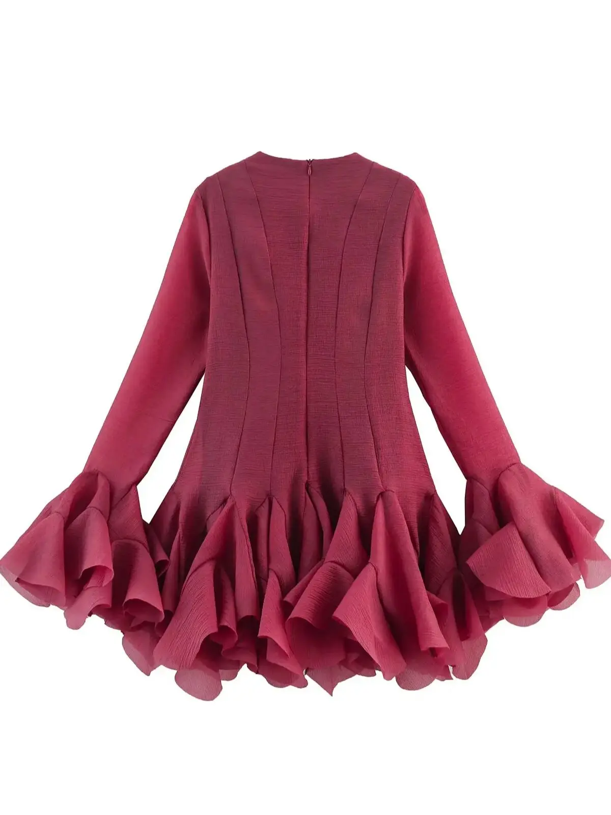 2026 Summer Women's Elegant Multi-Layered Ruffled Wine Red Mini Dresses Ladies Sweet Chic Long Flare Sleeve Slim Fit Puffy Robe