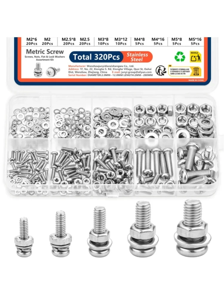 Edelstahl 320-teiliges Schrauben-, Muttern- und Unterlegscheiben-Sortiment, metrisches Sechskant-Set M2 M3 M4 M5, rostfreies Befestigungsmittel-Kit für Heimreparaturen, industrielle und