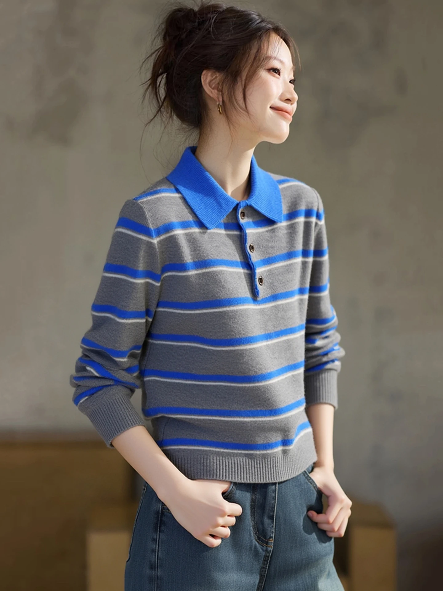 겨울 니트웨어 스웨터 브이넥 긴 소매 스트라이프 버튼업 슬림 빈티지 스타일 대학 패션 탑 젊은 여성용
