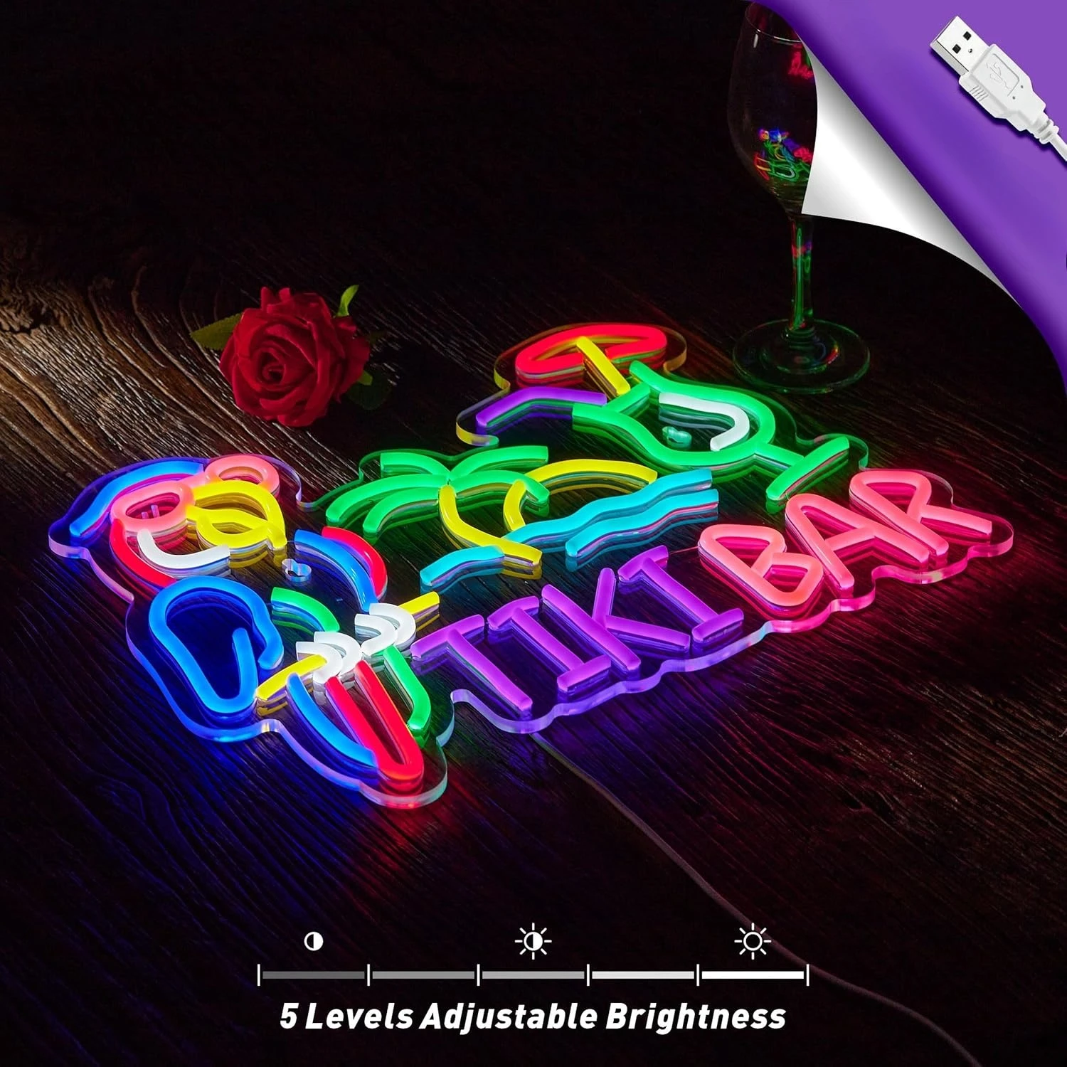 Letreiro Neon Tiki Bar Papagaio e Palmeira, Luz de Parede Artística para Negócios, Luz Neon LED USB para Decoração de Restaurantes, Clubes de Cerveja,