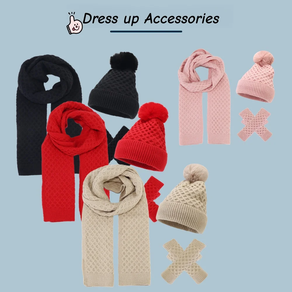 

Женский осенне-зимний вязаный теплый комплект из трех предметов, плюшевая шерстяная шапка с узором ананаса + шарф + перчатки, подходит для использования на открытом воздухе