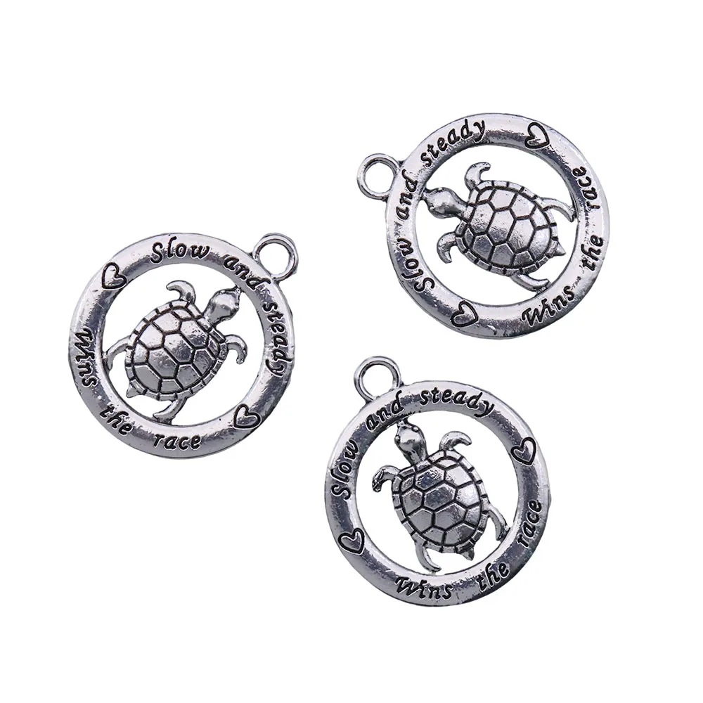 Eco friendly Metal Two-Sided Engraved Slow And Steady Win The Race Turtle Inspire Pendant Charm for Jewelry Making
