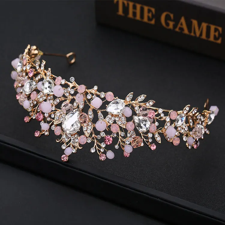 Pink Color Crystal Pearl Crown Bride Tiara Diverse Fashion Wedding Crown Headpiece Queen Hair Accessories Jewelry Headwear