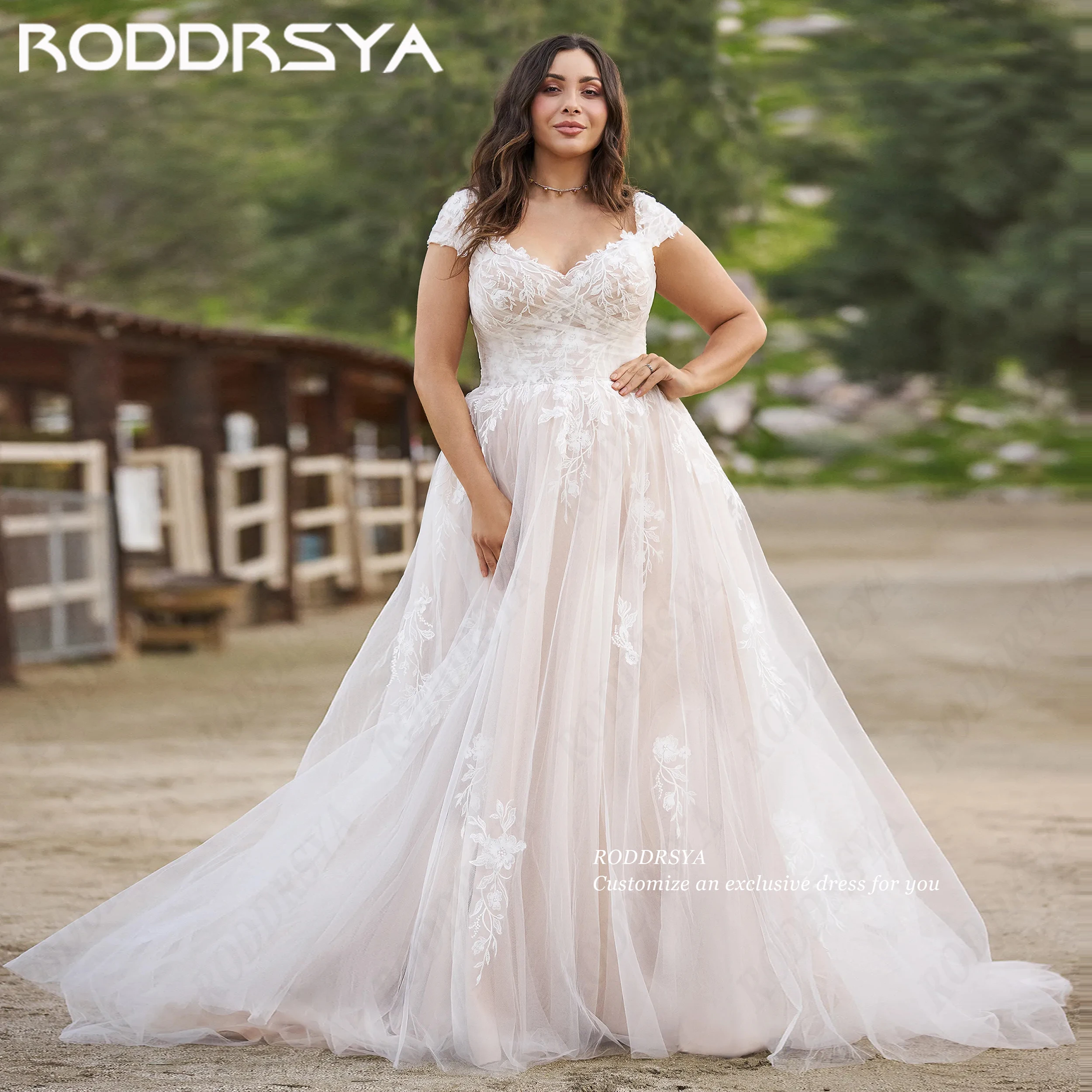 RODDRSYA Vestido de novia de tulón aplicado a medida Cuello de cariño gorra manga una línea longitud del piso encaje arriba esbozo de la espalda Vestidos de novia de tulón aireado una línea longitud del piso vestido
