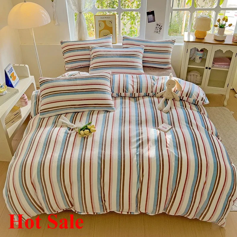 

New Simple striped milk fleece four-piece set, autumn and winter double-sided coral fleece warm flannel 4-piece set