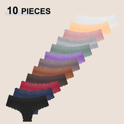 10 unids/set de bragas de algodón de encaje para mujer, bragas brasileñas sexis de cintura baja, ropa interior suave femenina de Color sólido, lencería íntima para mujer