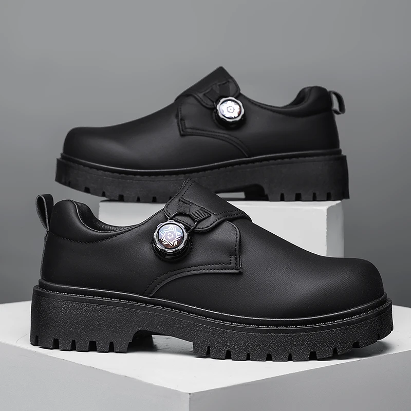 Black Fashion Wide Toe Men's Leather Shoes British Button Casual Shoes Daily Work Shoes Business Dress Shoes Autumn Derby Shoes